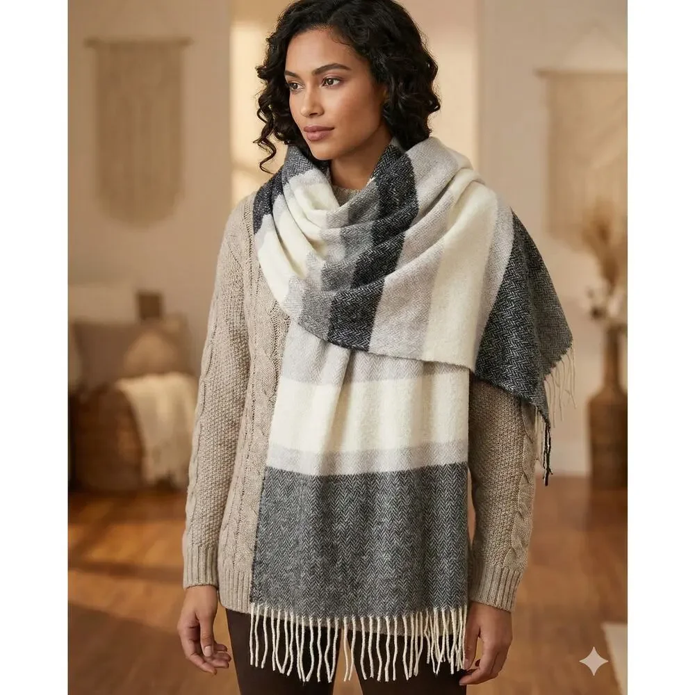 Madison 88 Blanket Scarf Gray Black Cream Colorblock Stripe Fringe
